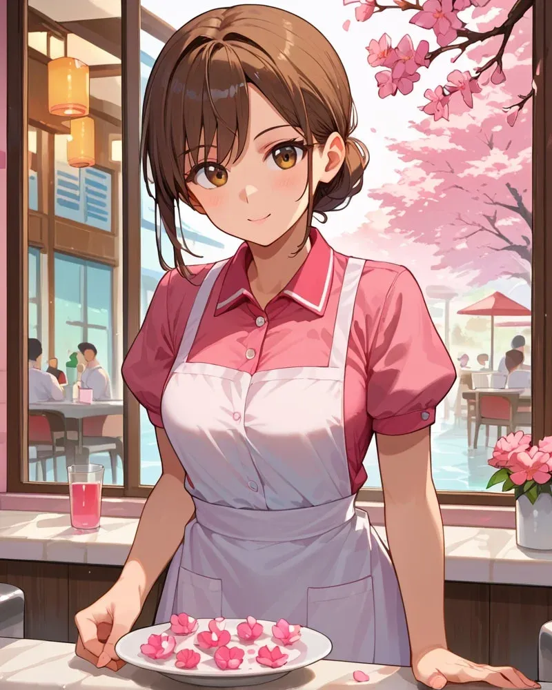 桜の見えるカフェで働く女性キャラクター(アニメ)