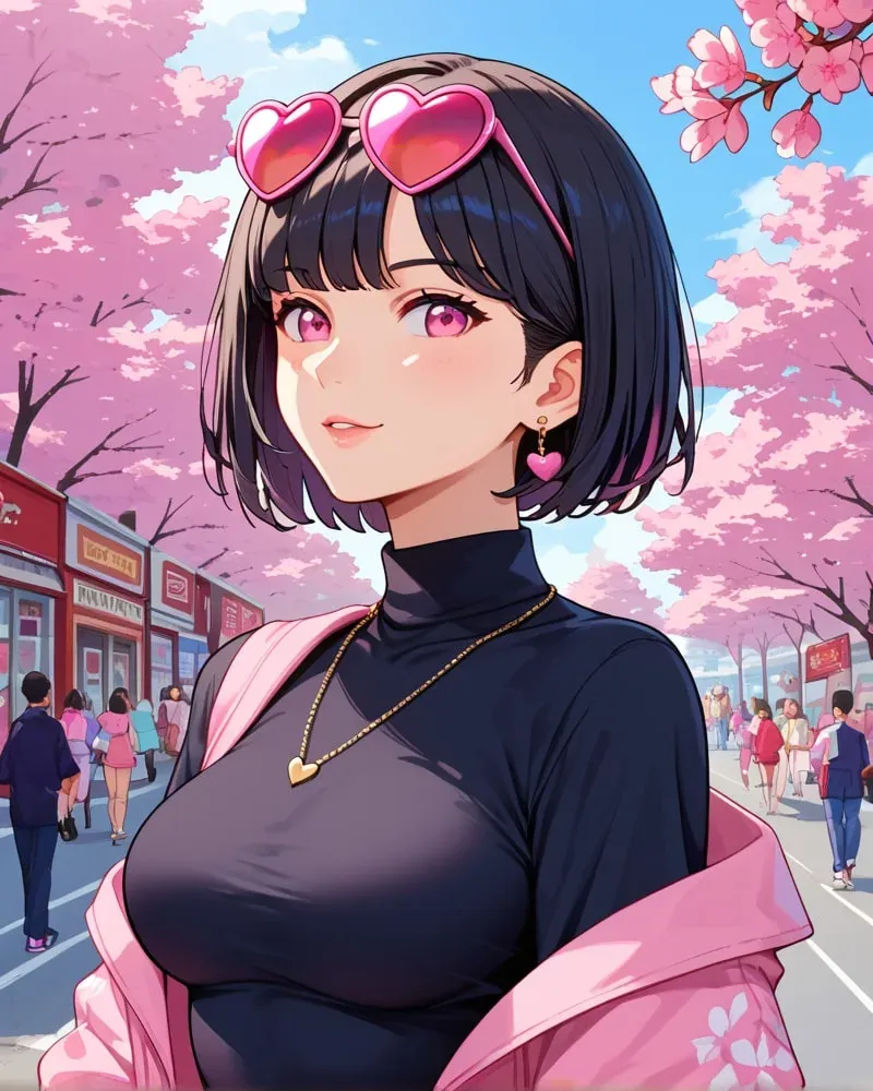 桜並木の街を歩くボブヘアの女性キャラクター（アニメ）